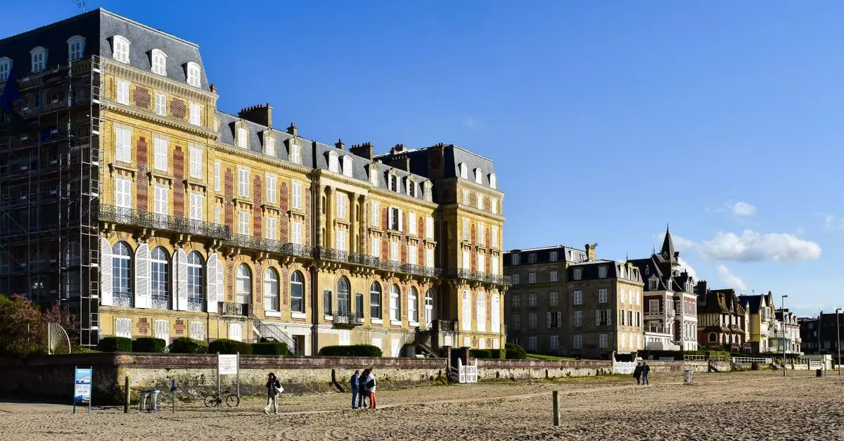 Stunning view of historic buildings along the beach in Normandy, France.