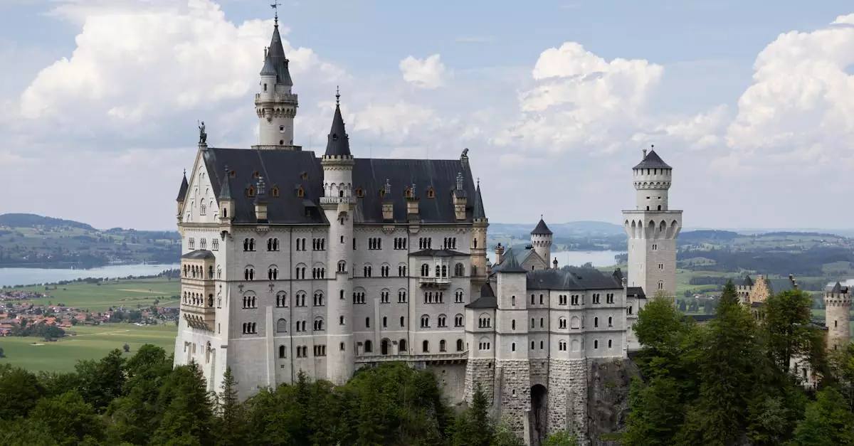 Neuschwanstein Castle, a romantic 19th-century palace, nestled in Bavaria's picturesque foothills.