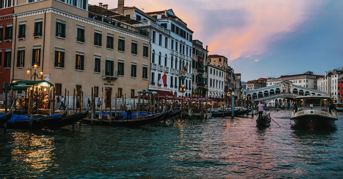 Beautiful view of Venice's Grand Canal with gondolas and historic buildings during twilight.