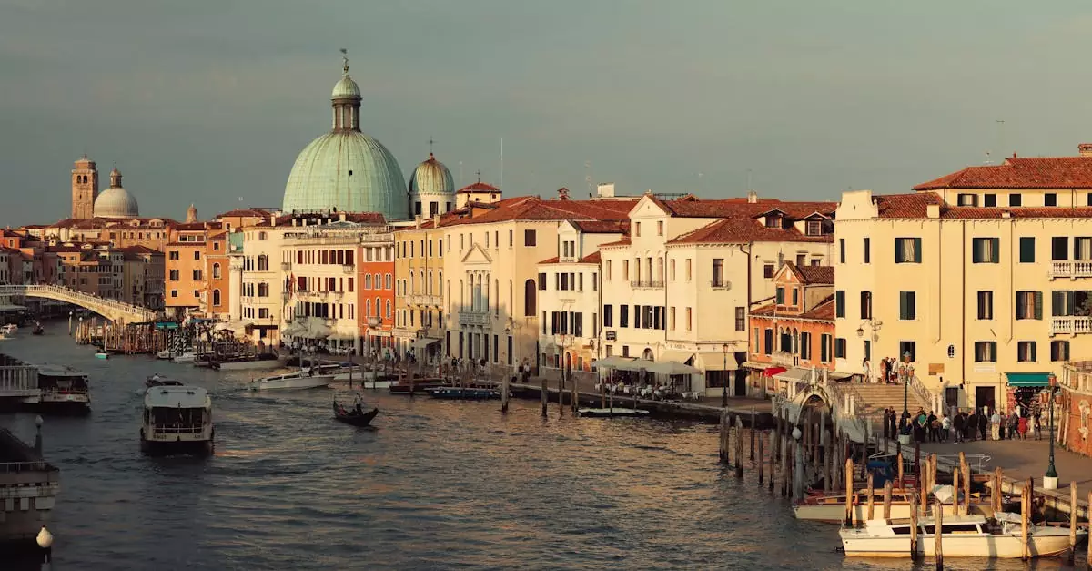 Serene view of the Grand Canal and San Simeone Piccolo at sunset, capturing Venice's charm.