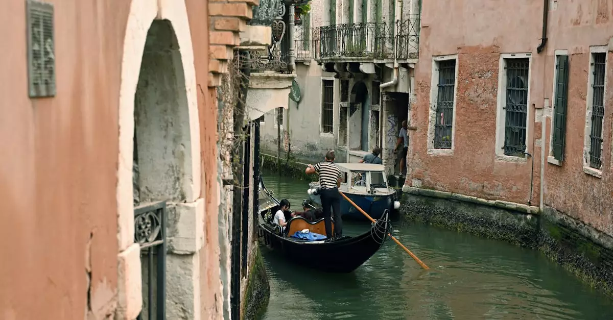 Serene gondola journey through the narrow canals of Venice, Italy.