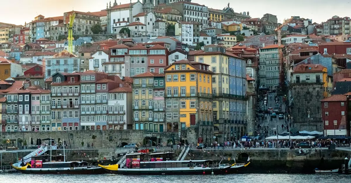 Scenic view of Oporto's historic riverside with colorful buildings and boats at sunset.