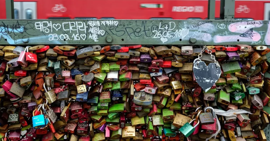 Vibrant love locks on a bridge in Cologne, Germany with a passing train in the background.