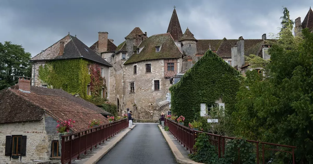 A picturesque view of a French ch&acirc;teau with ivy-covered walls and a serene walkway.