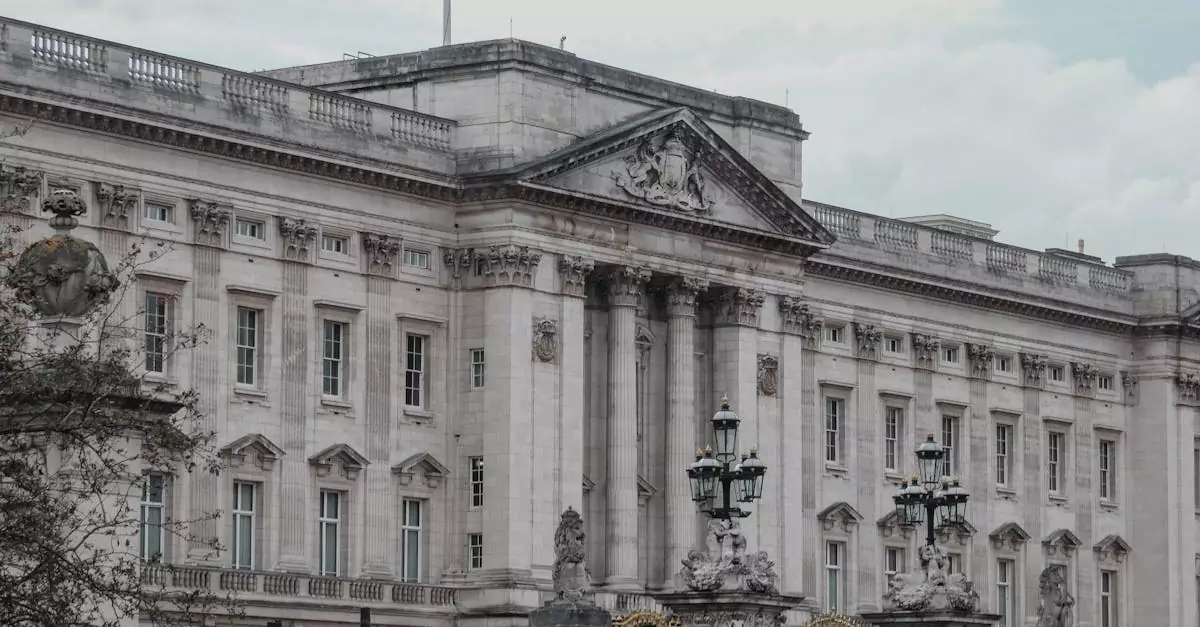A classic shot of the iconic Buckingham Palace in London, showcasing its architectural grandeur.