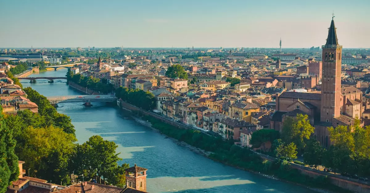 Discover the charming cityscape of Verona, Italy, captured from above with its architectural landmarks and winding river.