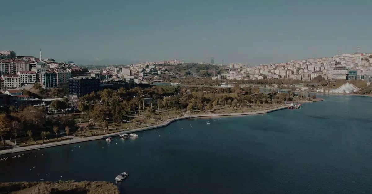 A scenic aerial view of Istanbul featuring its vibrant cityscape and tranquil waterfront under clear skies.