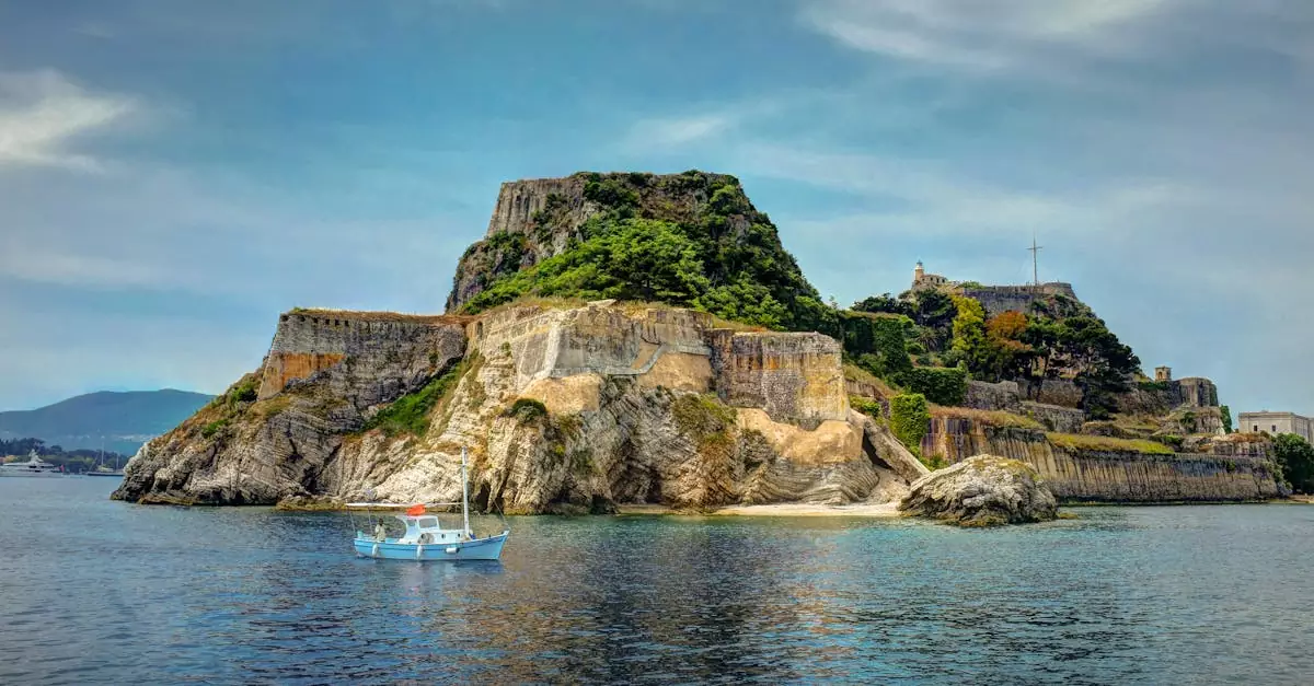 Explore the scenic beauty of Corfu with this picturesque view of the Old Fortress and tranquil seascape.