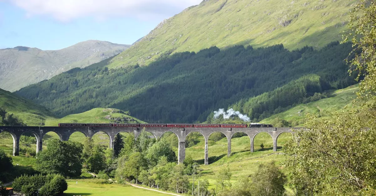 Steam train crossing the iconic Glenfinnan Viaduct in Scotland's lush green Highlands.