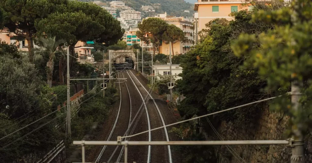Railway lines leading through a verdant landscape with surrounding buildings and trees.