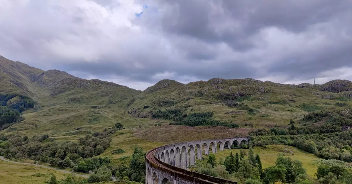 Stunning view of the historic Glenfinnan Viaduct amidst the lush Scottish Highlands under a cloudy sky.
