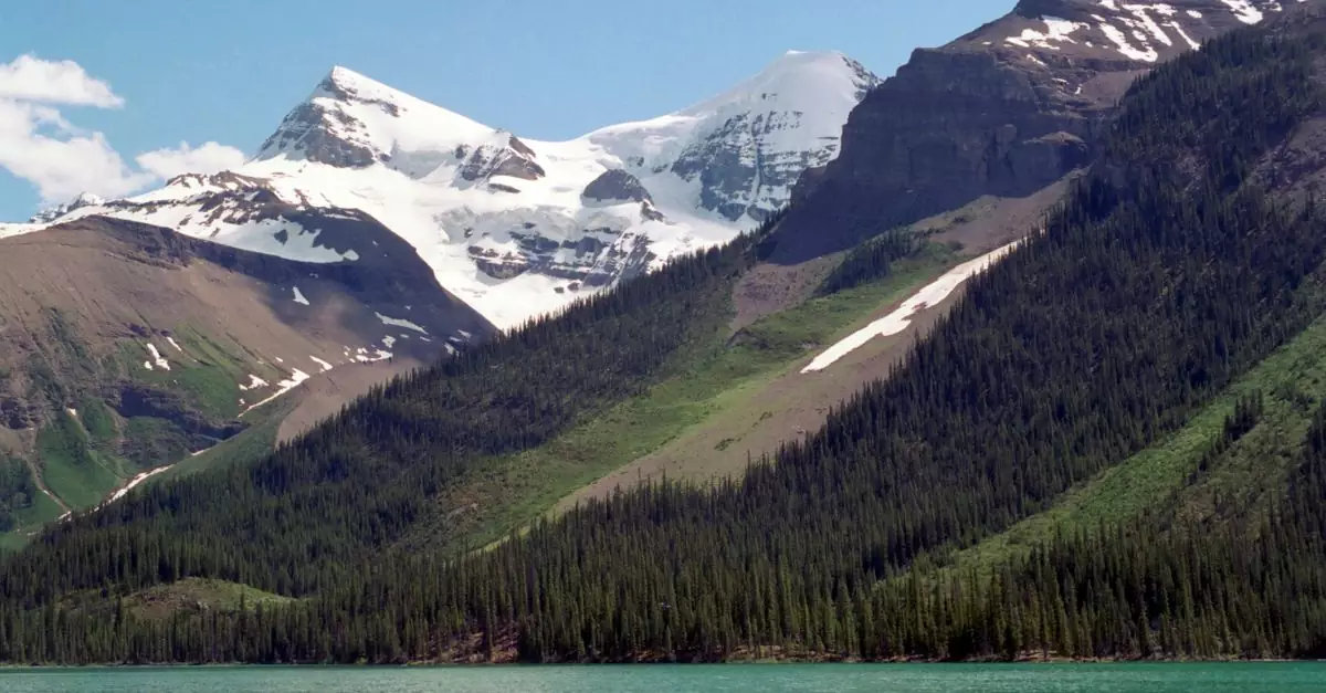 Stunning landscape of snow-capped mountains and turquoise lake in Jasper National Park, Alberta.