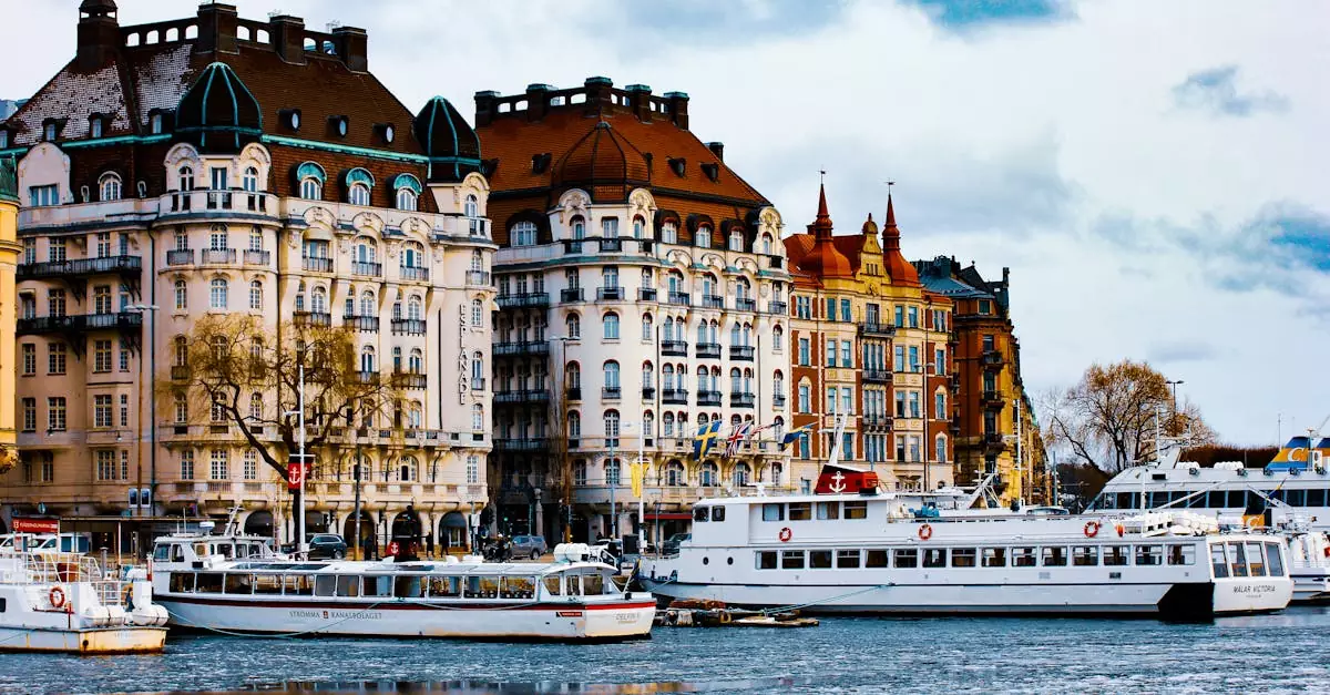 Charming view of Stockholm's classic buildings and moored boats along the waterfront.
