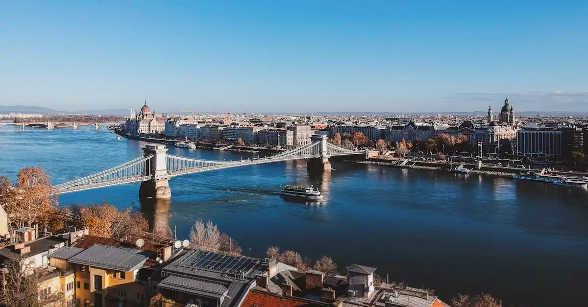 A breathtaking aerial view of Budapest with the iconic Chain Bridge over the Danube.