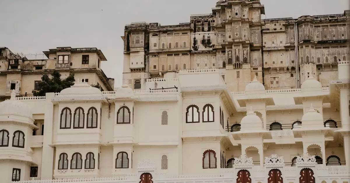 Beautiful architectural details of Udaipur's historic palace in Rajasthan, India.