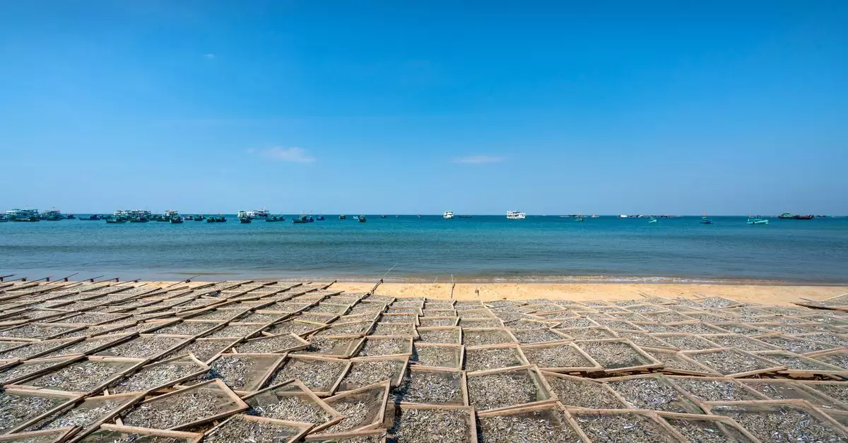 Colorful boats at sea with fishing nets drying on a peaceful sandy shore under a clear sky.