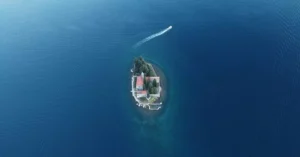 Aerial view of Saint George Island near Perast, Montenegro, in the Adriatic Sea.