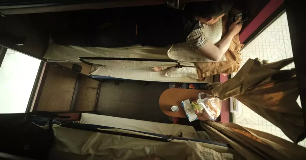 Best Sleep Tips for Travelers: Beat Jet Lag & Sleep Well 4 Top view of individuals resting on train bunks with travel essentials.