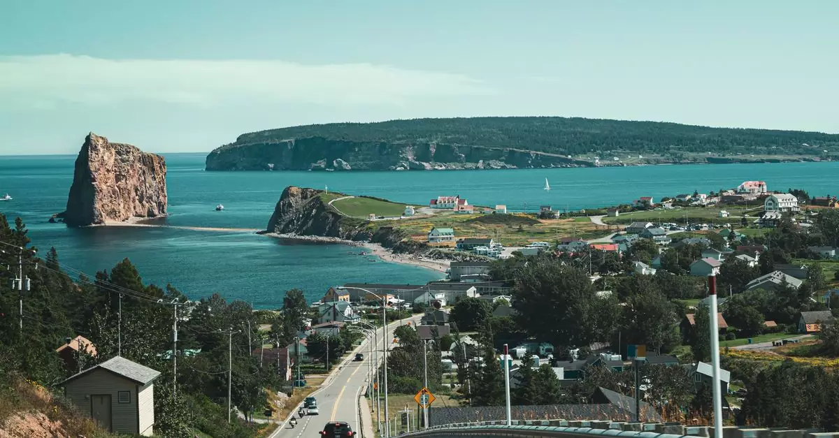 Beautiful coastal view of Percé Rock and the village in Quebec, Canada during the daytime.
