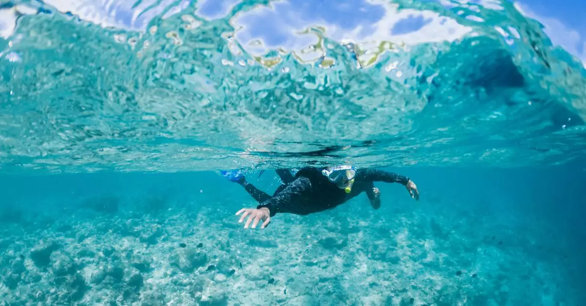 Anonymous person in wetsuit and goggles swimming in turquoise seawater beneath blue sky on sunny weather