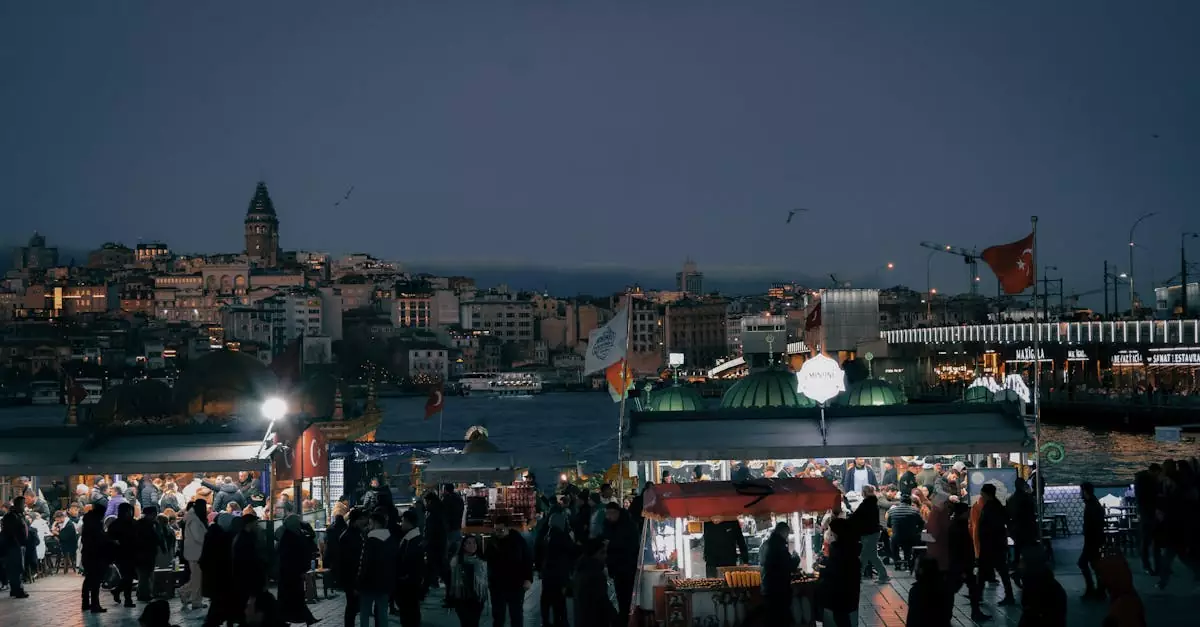 Bustling evening scene in Istanbul with Galata Tower and colorful market stalls.