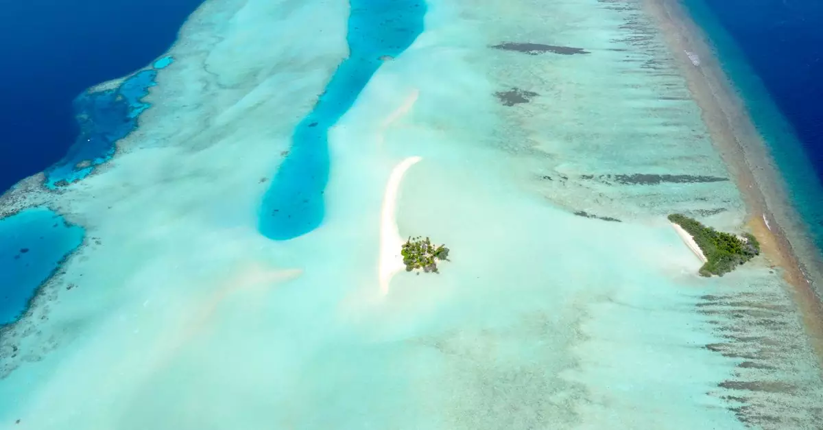 Stunning aerial capture of a serene island surrounded by clear turquoise waters in the Maldives.