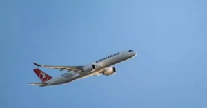 Turkish Airlines Airbus A350 soaring through clear blue skies, capturing aviation brilliance.