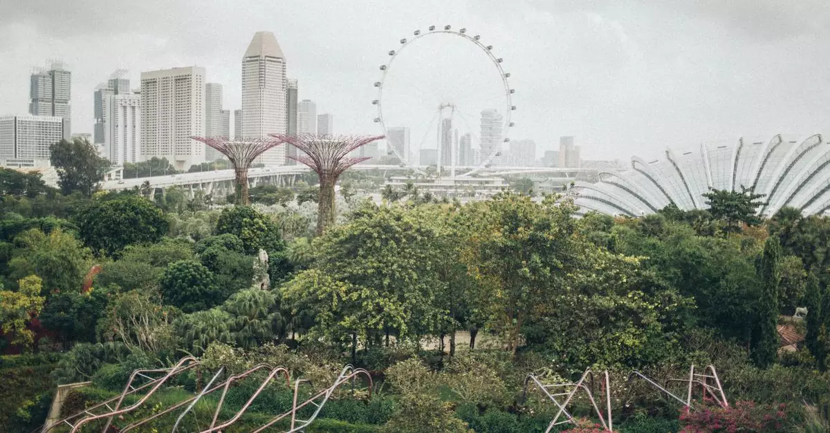 Lush greenery meets urban skyline at Singapore's Gardens by the Bay with the Singapore Flyer in view.