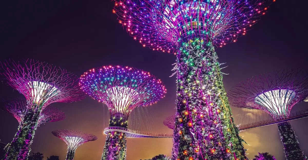 Vibrant night view of Supertree Grove illuminated with colorful lights at Singapore's Gardens by the Bay.