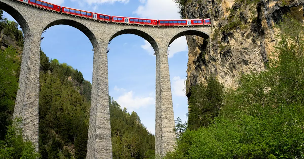 Captivating image of a train crossing the majestic Landwasser Viaduct in Switzerland.