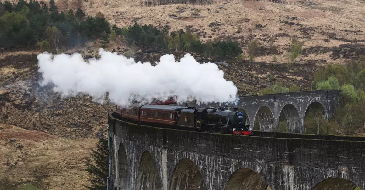 A vintage steam locomotive crossing the iconic Glenfinnan Viaduct in a picturesque Scottish landscape.