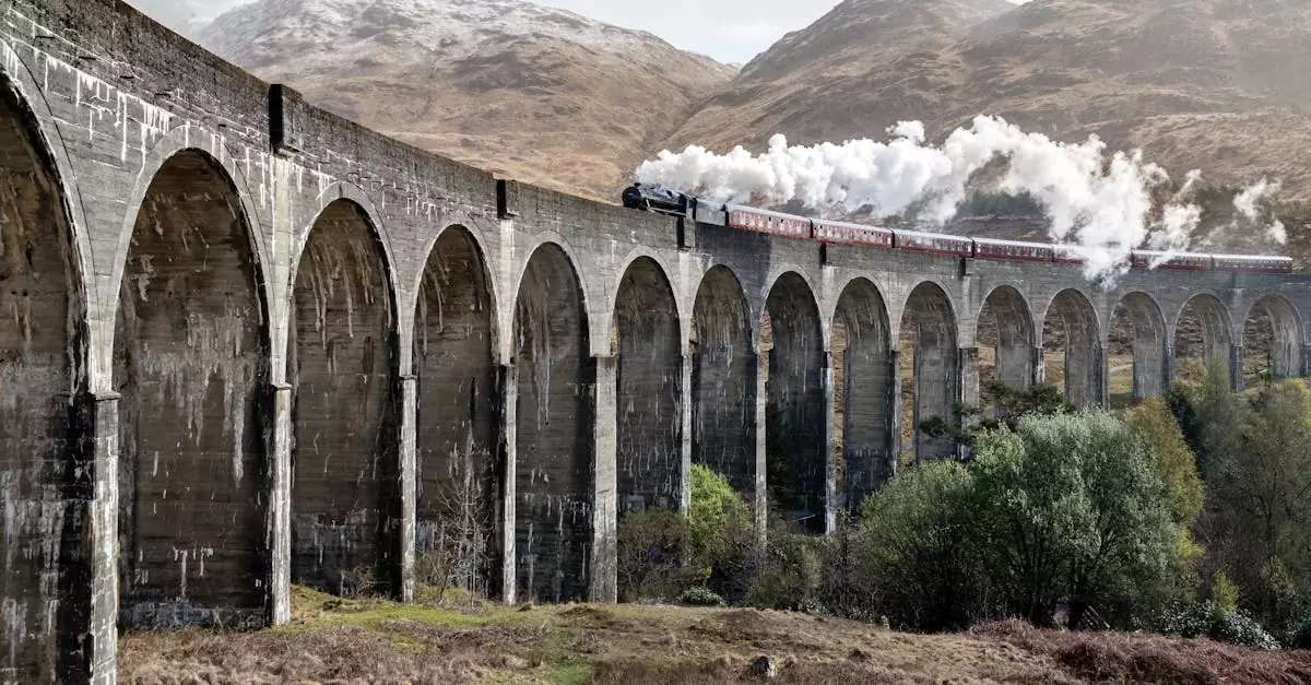 Scenic view of a steam train crossing the Glenfinnan Viaduct in the Scottish Highlands.