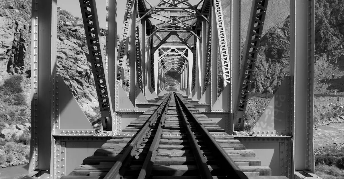 Monochrome view of a railway bridge in Potrerillos, Argentina, highlighting symmetry and structure.