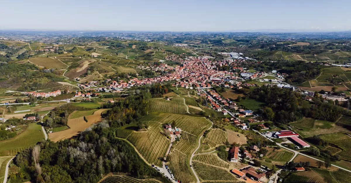 A stunning aerial view of Canale, Piedmont, highlighting its vineyards and rolling hills.