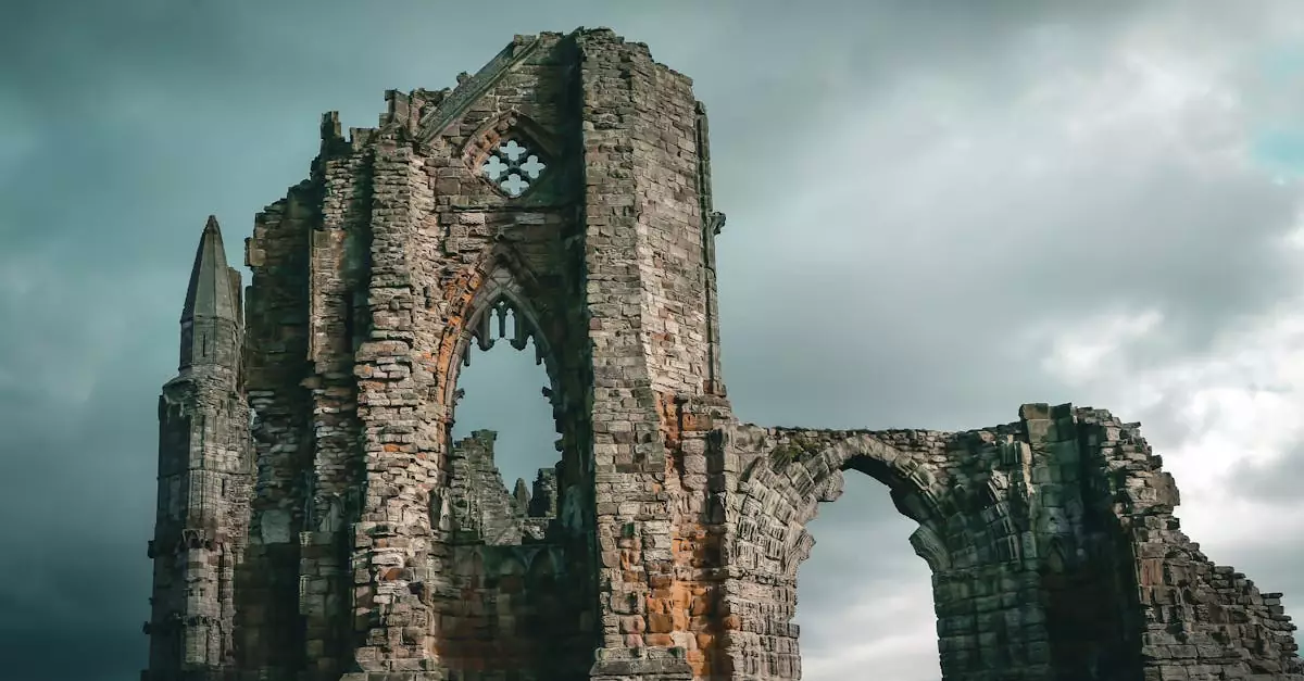 Whitby Abbey ruins against a dramatic sky, showcasing Gothic architecture.