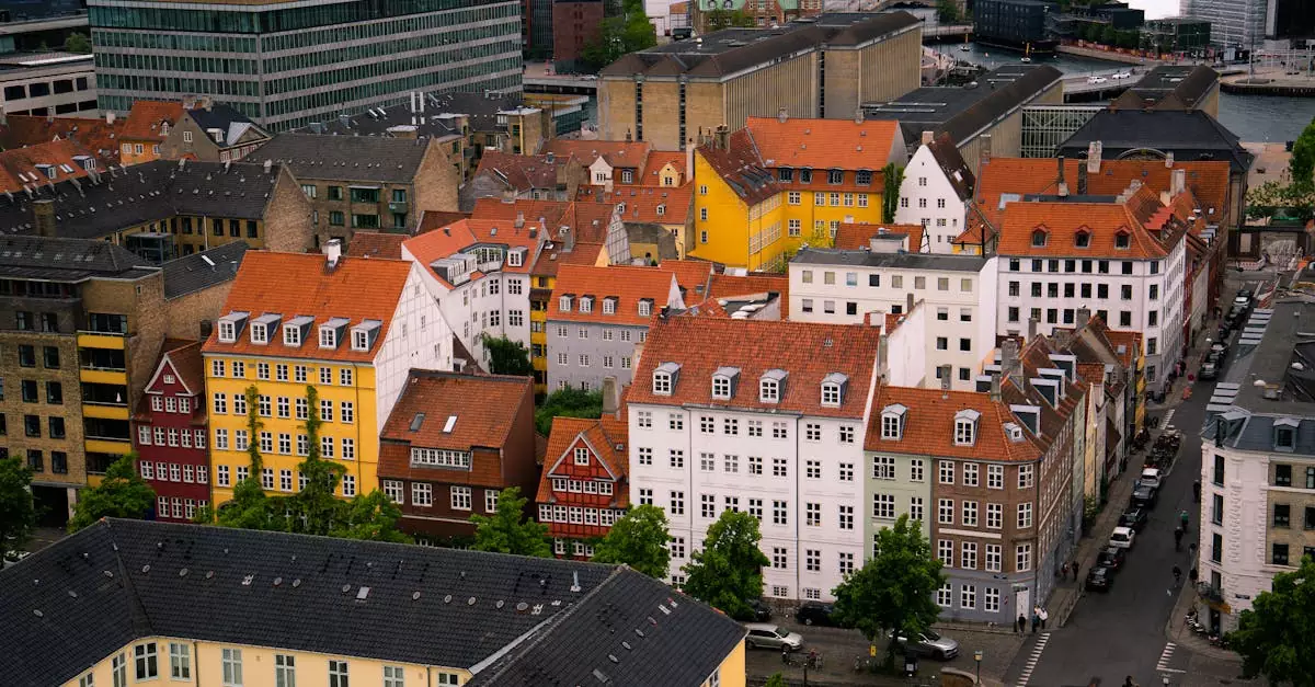 Aerial view of vibrant historic buildings in downtown Copenhagen, Denmark.