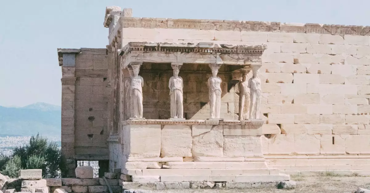 The iconic Caryatid Porch of the Erechtheion, showcasing ancient Greek architecture on the Acropolis.