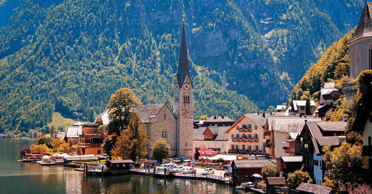 Picturesque view of Hallstatt, Austria with a prominent church by the waterfront, surrounded by mountains.