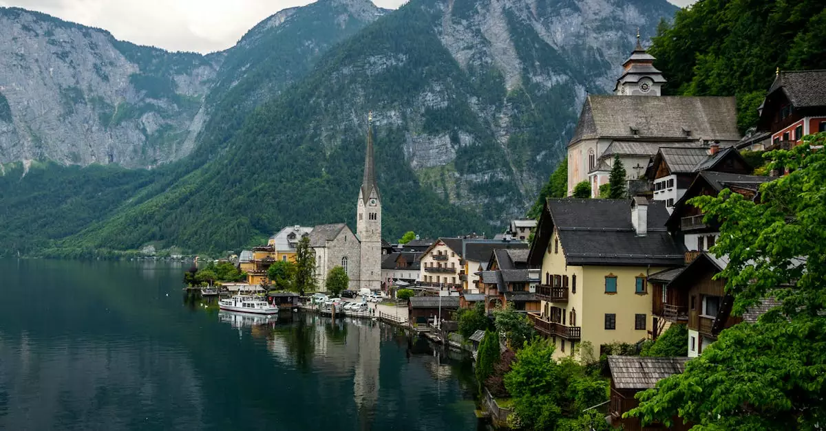 Picturesque view of Hallstatt village with mountains, lake, and traditional architecture, Austria.
