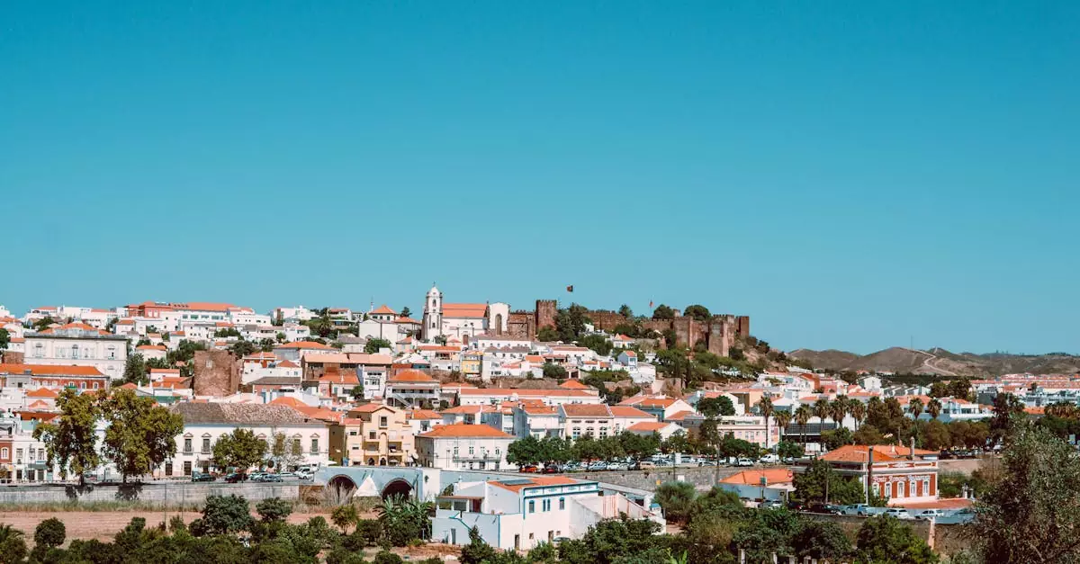 Beautiful panoramic view of Silves in Portugal showcasing historic buildings and Silves Castle under a clear blue sky.