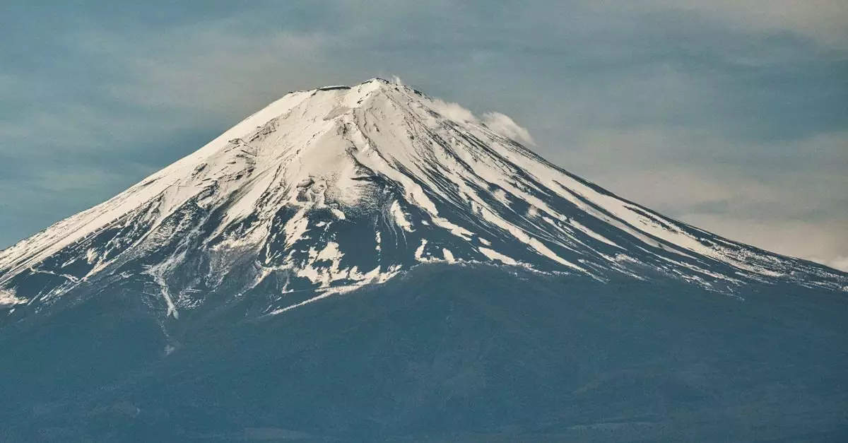 Stunning image of snow-capped Mount Fuji located in Fujinomiya, Shizuoka, Japan.