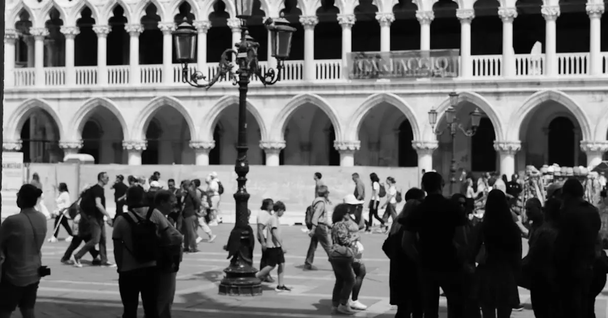 A bustling scene at Venice's Doge's Palace in grayscale, capturing the essence of Italy's iconic architecture.