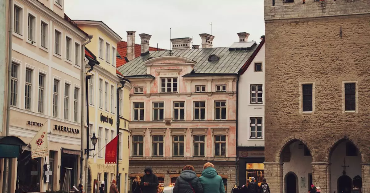 Charming street view of historic buildings in Tallinn's Old Town, Estonia.