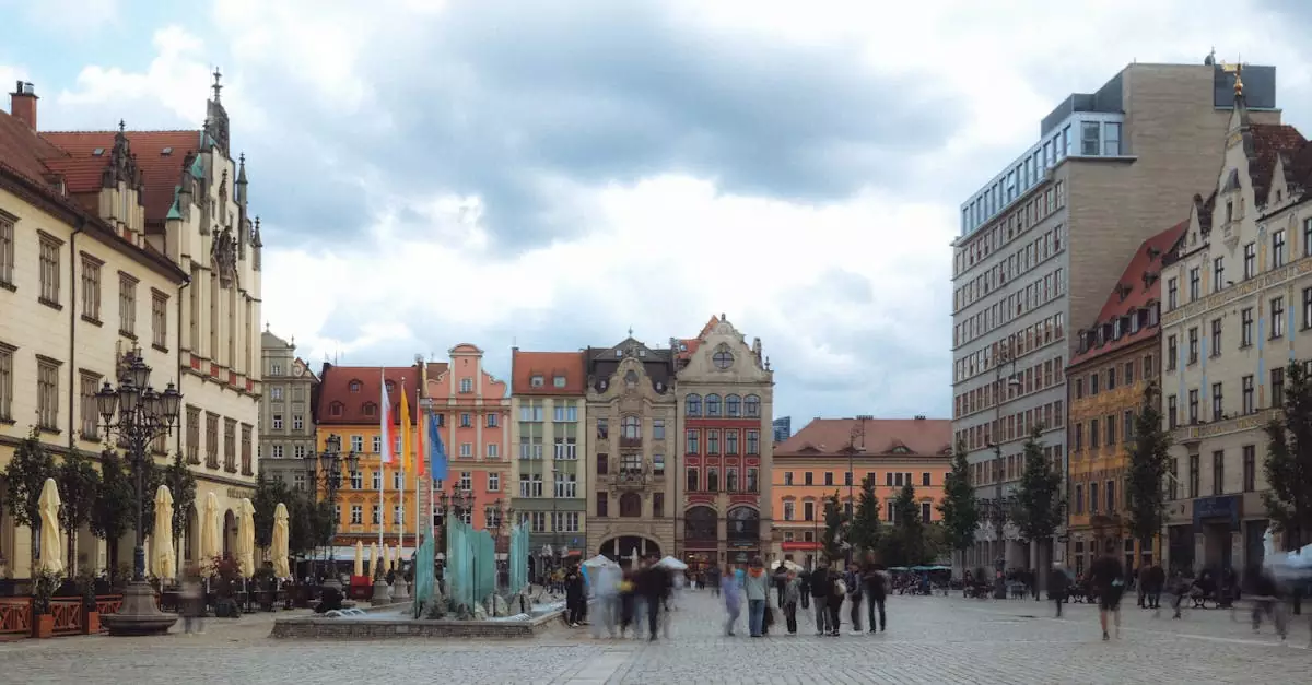 Vibrant view of Market Square in Wroclaw, Poland with historic architecture and lively atmosphere.