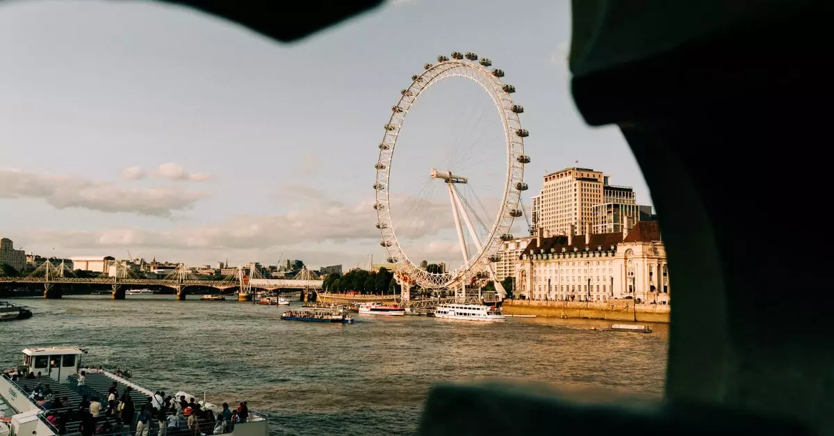 A picturesque view of the London Eye and Thames River captured during sunset with city cruises below.