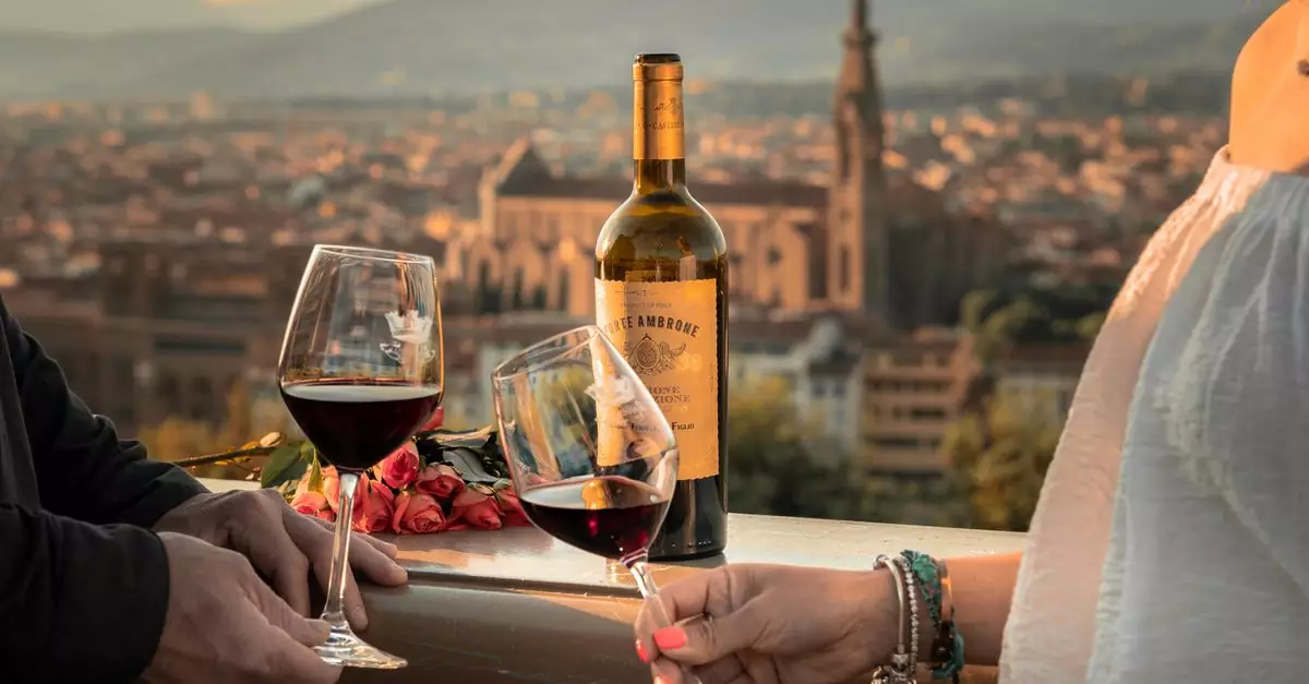 A couple enjoys a romantic wine toast with a view of Florence, Italy at sunset.