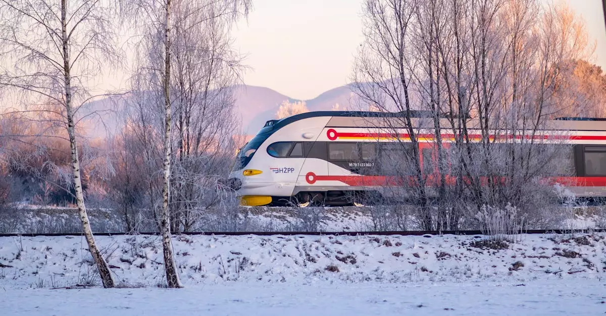 A sleek passenger train travels through a snowy landscape with frosty trees, epitomizing winter travel.