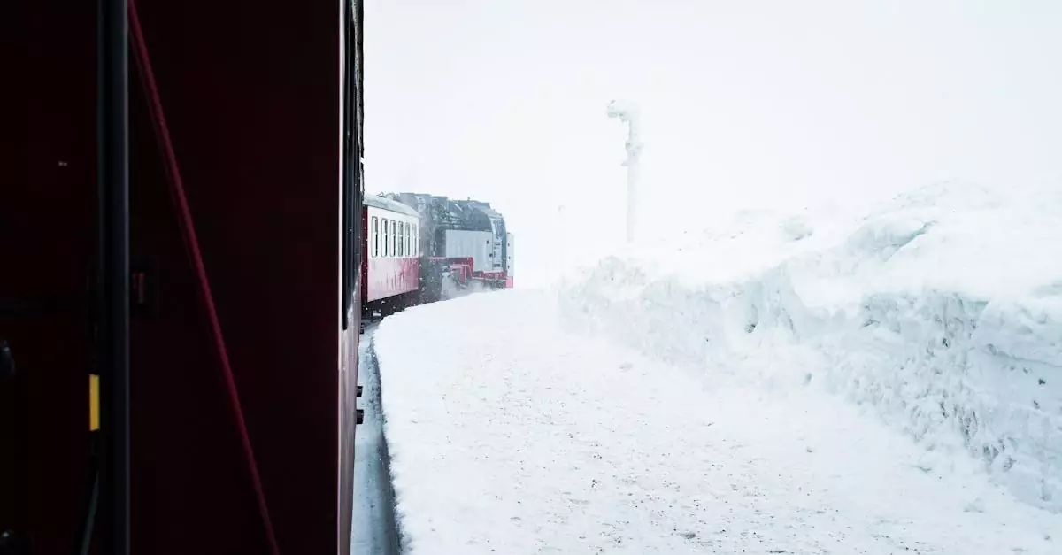 A scenic train journey through a snow-covered winter landscape, evoking a sense of adventure.