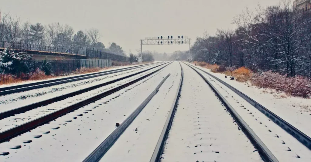 Snow-covered railway tracks extending through a winter landscape.