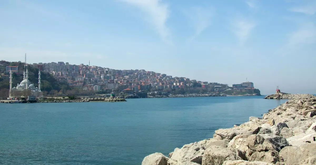 Beautiful coastal view of Zonguldak with architectural structures against a clear blue sky.